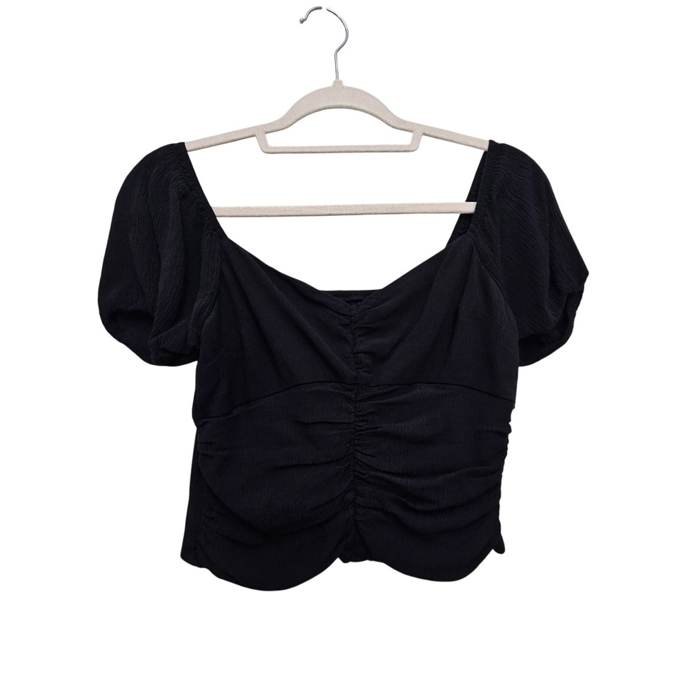 Hollister Crop Top M Black Ruched Sweetheart Puff Sleeve Smocked Whimsigoth
